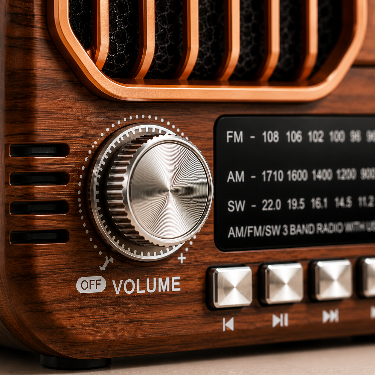 Extreme macro close-up of the precision volume control knob on a portable retro Bluetooth radio with a wood-grain finish, metallic rotary dial, playback buttons, and AM/FM/SW frequency display, highlighting premium craftsmanship and classic vintage styling.