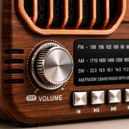Extreme macro close-up of the precision volume control knob on a portable retro Bluetooth radio with a wood-grain finish, metallic rotary dial, playback buttons, and AM/FM/SW frequency display, highlighting premium craftsmanship and classic vintage styling.