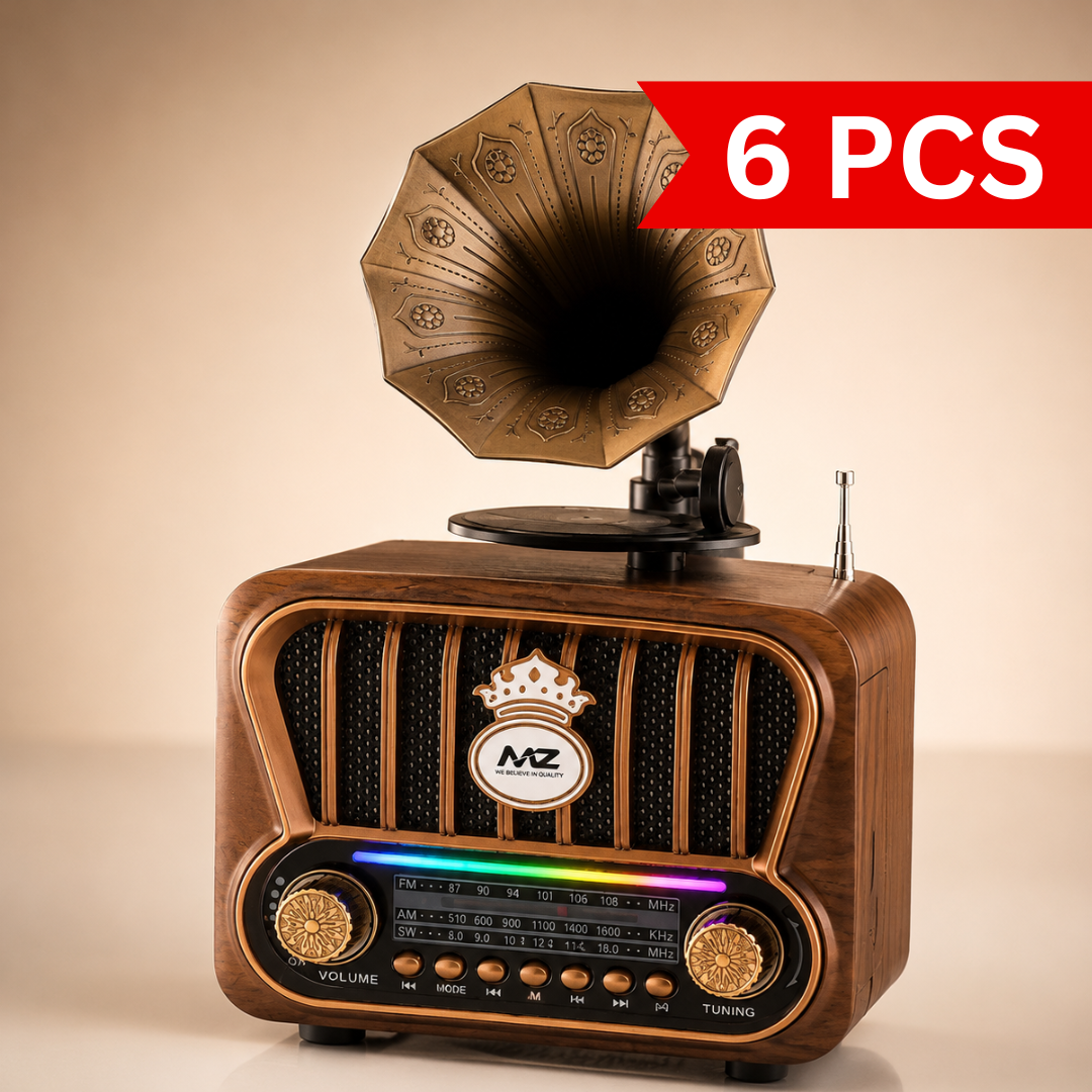 Vintage gramophone Bluetooth speaker with wood-grain finish, decorative gramophone horn, RGB light strip, AM/FM/SW radio, Bluetooth connectivity and classic tabletop design.
