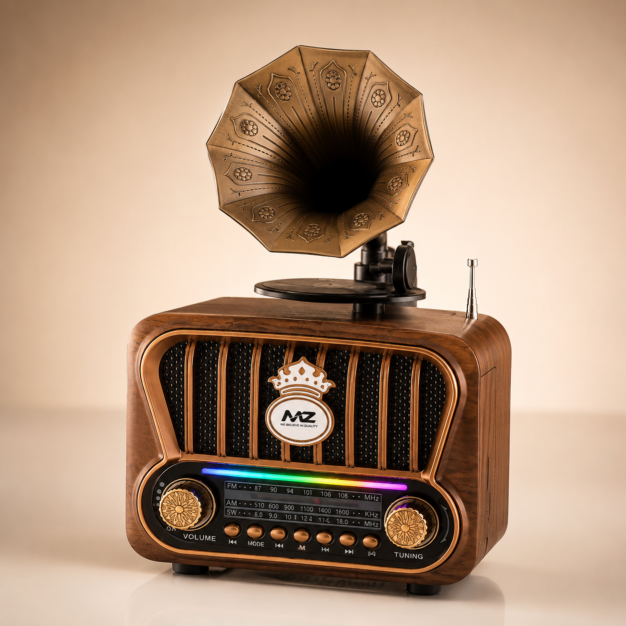 Vintage gramophone Bluetooth speaker with wood-grain finish, decorative gramophone horn, RGB light strip, AM/FM/SW radio, Bluetooth connectivity and classic tabletop design.