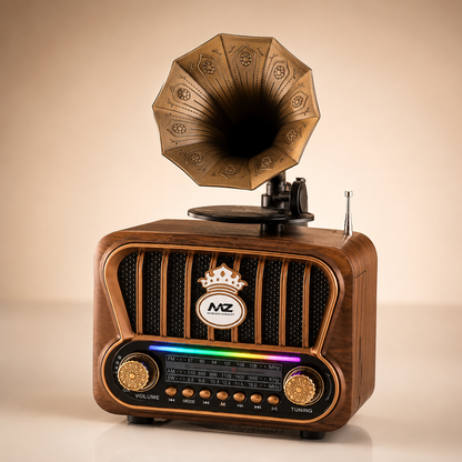 Vintage gramophone Bluetooth speaker with wood-grain finish, decorative gramophone horn, RGB light strip, AM/FM/SW radio, Bluetooth connectivity and classic tabletop design.