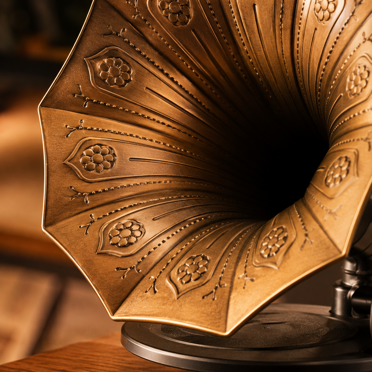 Close-up of the decorative gramophone-style horn on a retro Bluetooth radio speaker featuring embossed vintage floral patterns with an antique bronze finish.