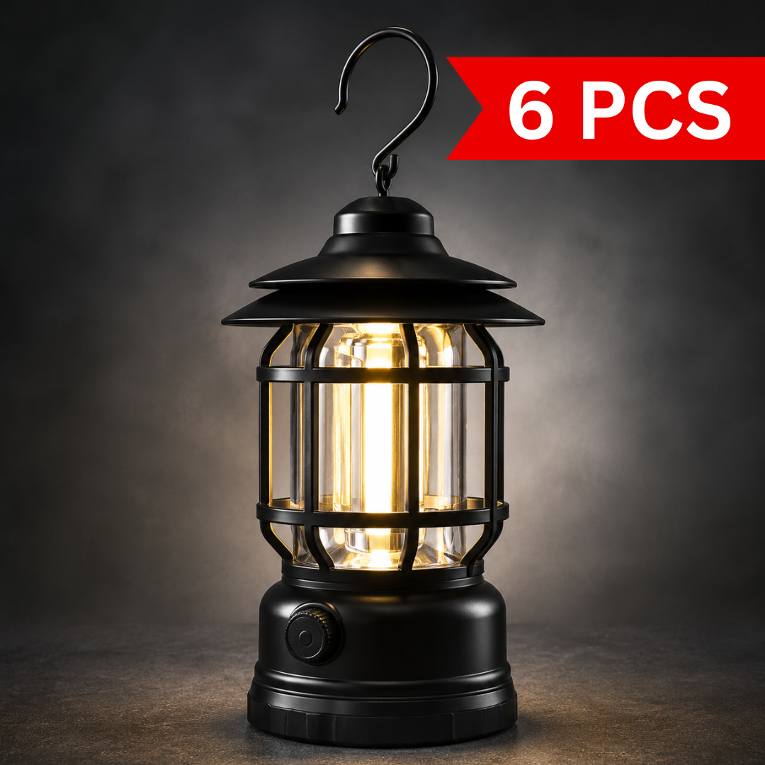Vintage style black camping lantern with warm COB LED light, durable protective cage design, portable outdoor lighting for camping and emergency use.