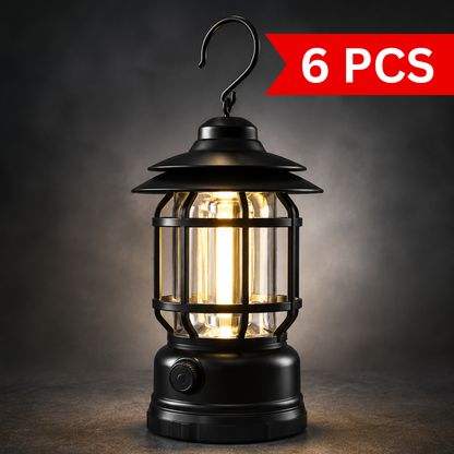 Vintage style black camping lantern with warm COB LED light, durable protective cage design, portable outdoor lighting for camping and emergency use.