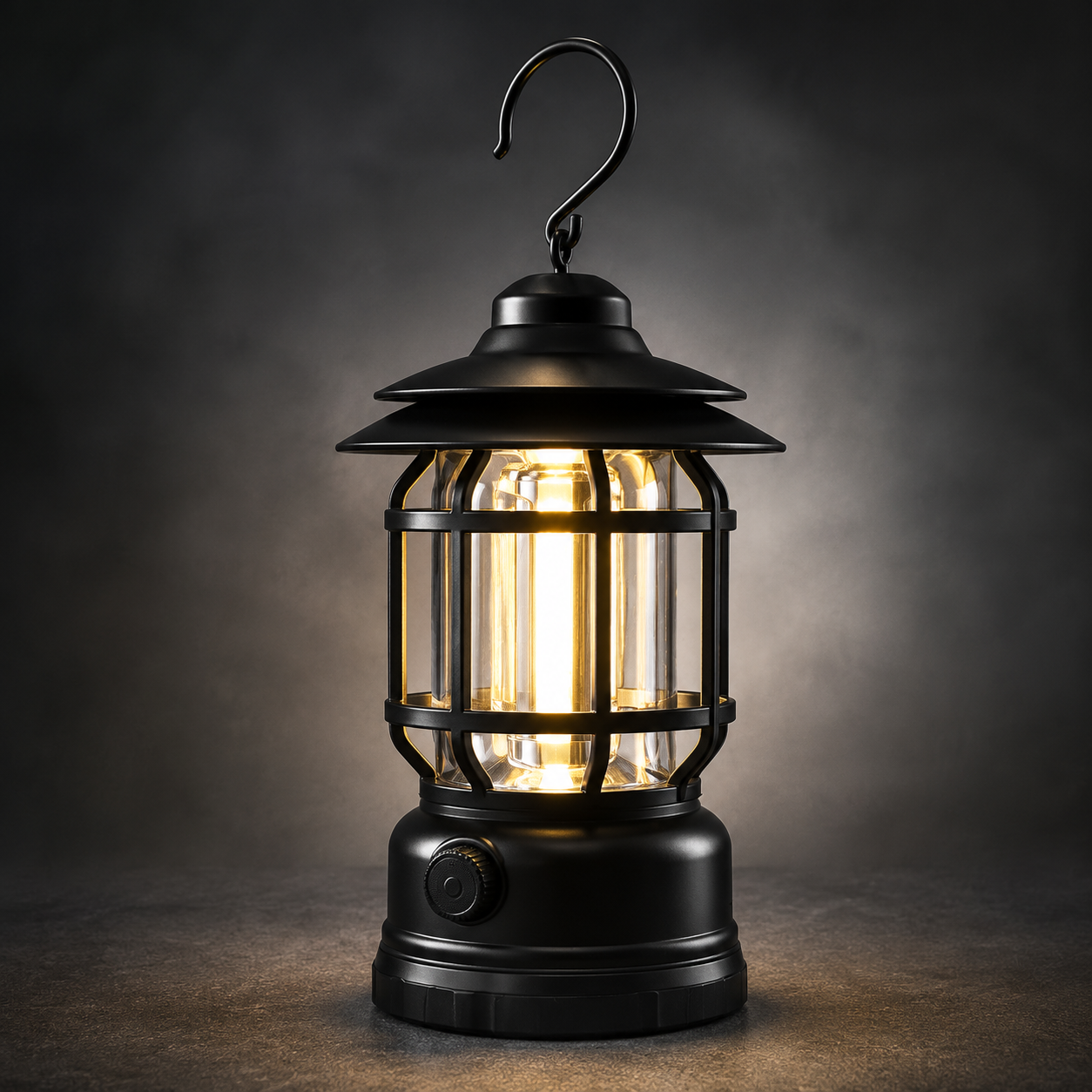 Vintage style black camping lantern with warm COB LED light, durable protective cage design, portable outdoor lighting for camping and emergency use.