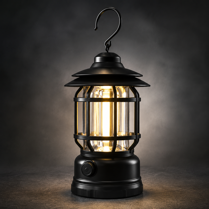 Vintage style black camping lantern with warm COB LED light, durable protective cage design, portable outdoor lighting for camping and emergency use.