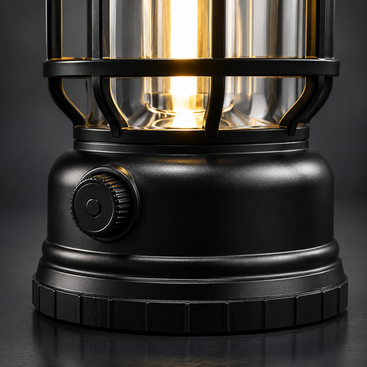 Close-up view of portable camping lantern base with sturdy ABS construction, control switch and rugged design for outdoor adventures.