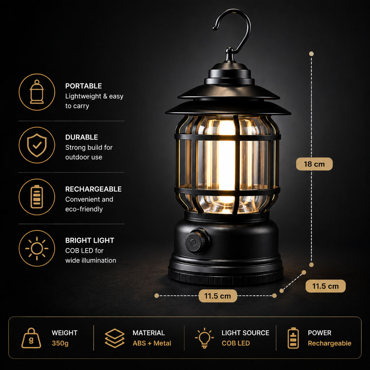 Premium rechargeable COB LED camping lantern with portable hook design, black ABS and metal body, bright outdoor illumination with size and feature details.