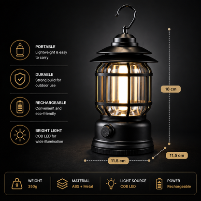 Premium rechargeable COB LED camping lantern with portable hook design, black ABS and metal body, bright outdoor illumination with size and feature details.