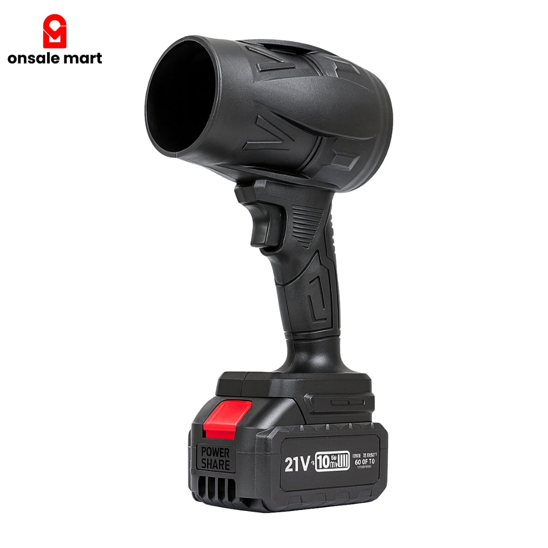 Violent Fan 48V Cordless Air Blower with single battery attached, 35000PA high-pressure handheld blower in black, premium product photo on white background.