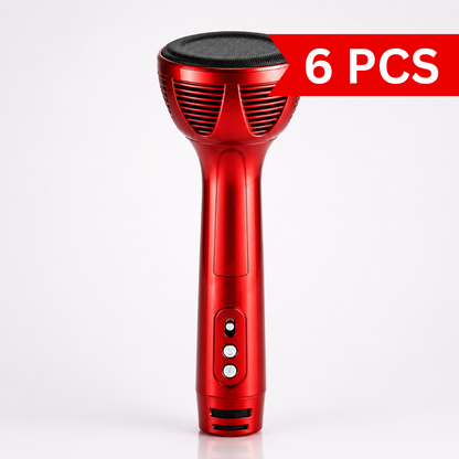 Portable handheld wireless karaoke microphone with built-in Hi-Fi speaker, metallic red finish, rechargeable battery, recording function