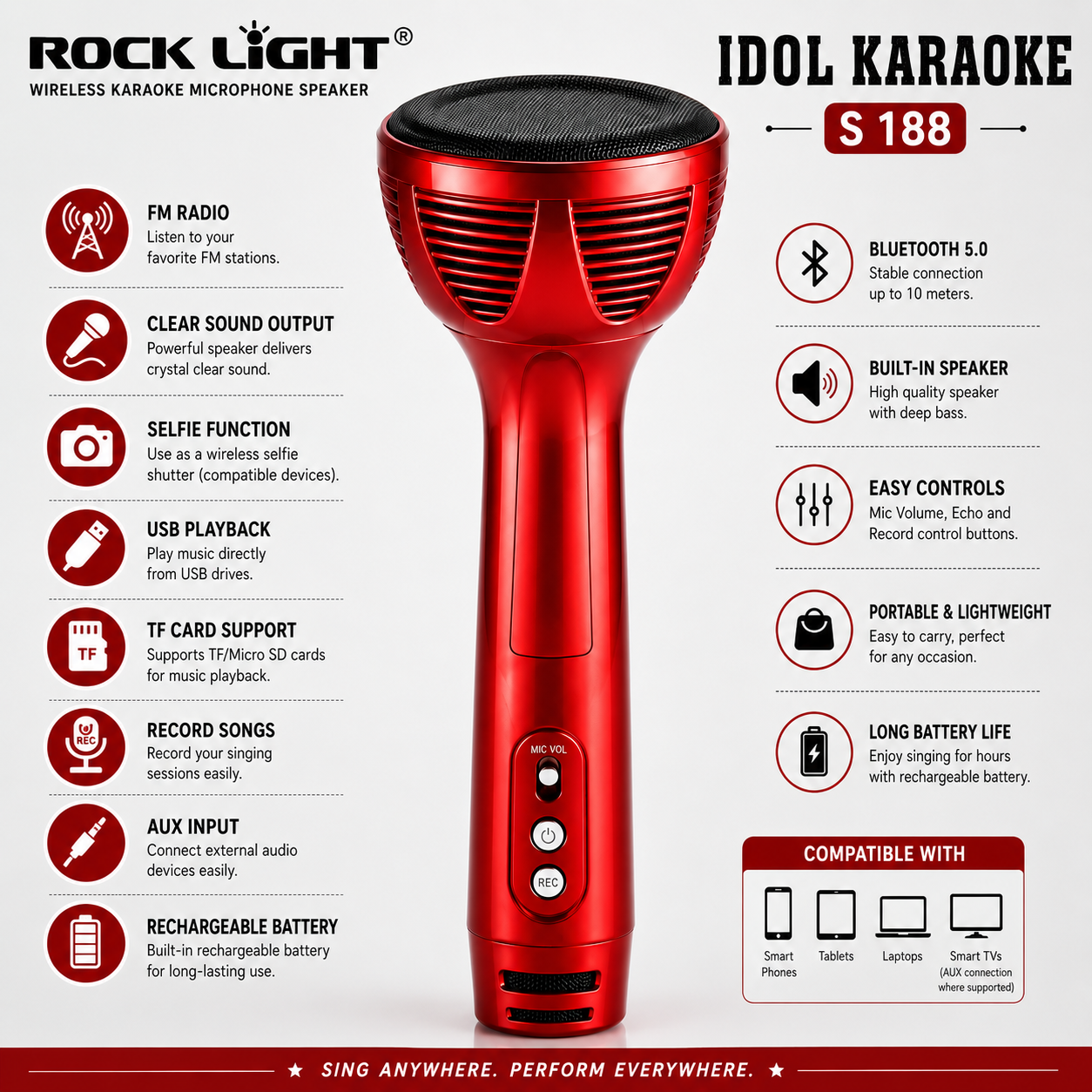 Red wireless karaoke microphone speaker with Bluetooth, built-in speaker