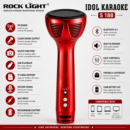 Red wireless karaoke microphone speaker with Bluetooth, built-in speaker
