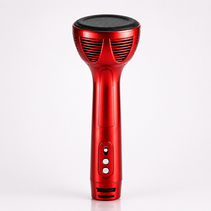 Portable handheld wireless karaoke microphone with built-in Hi-Fi speaker, metallic red finish, rechargeable battery, recording function, and ergonomic design