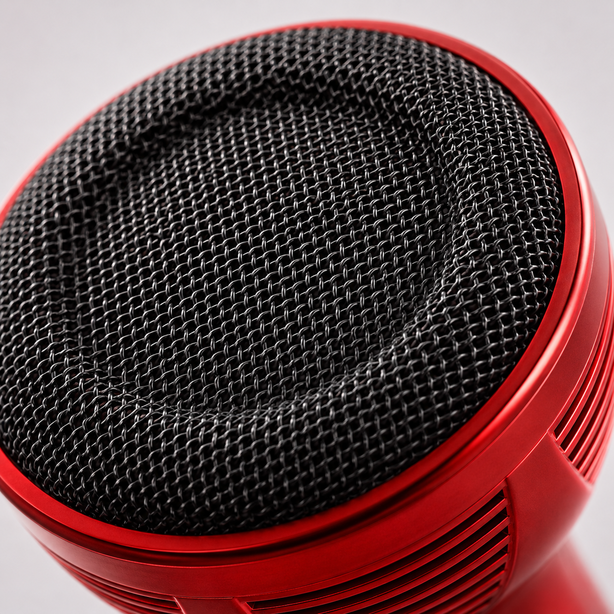 Close-up of the handheld wireless karaoke microphone's premium metal speaker grille, showcasing the durable mesh design and metallic red finish for clear, high-quality sound.
