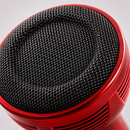 Close-up of the handheld wireless karaoke microphone's premium metal speaker grille, showcasing the durable mesh design and metallic red finish for clear, high-quality sound.