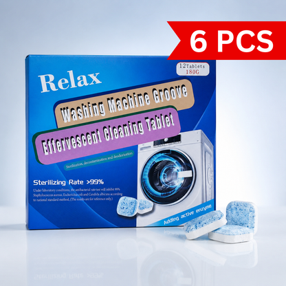 Pack of 12 effervescent washing machine cleaning tablets with blue packaging displayed alongside cleaning tablets