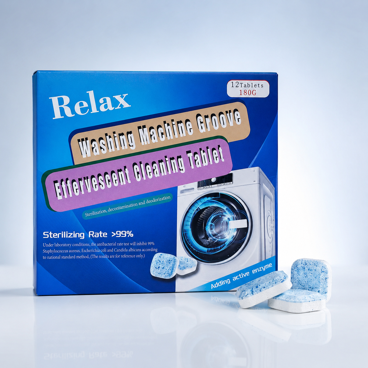 Pack of 12 effervescent washing machine cleaning tablets with blue packaging displayed alongside cleaning tablets