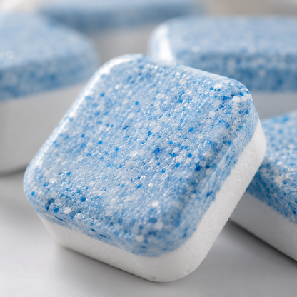 Close-up macro view of a blue and white effervescent washing machine cleaning tablet highlighting its textured surface and concentrated cleaning formula.