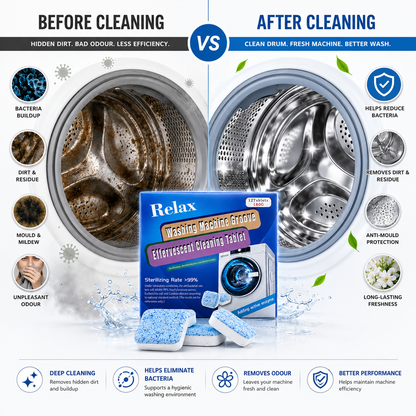 Before and after comparison of a washing machine drum cleaned using effervescent washing machine cleaning tablets, showing removal of dirt, residue and odours for a fresher, cleaner drum.