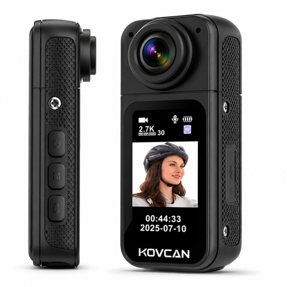 Mini 2.7K thumb action camera with HD display screen and compact portable design for travel vlogging and outdoor recording