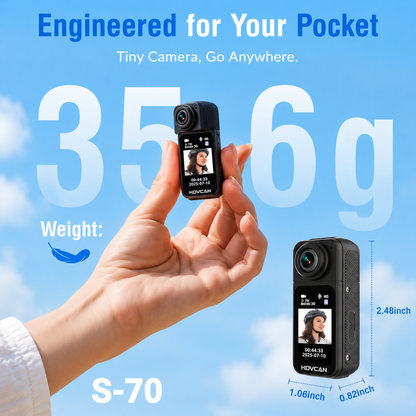 Portable tiny action camera held between fingers showing ultra lightweight pocket-size design with 2.7K recording and rotating lens