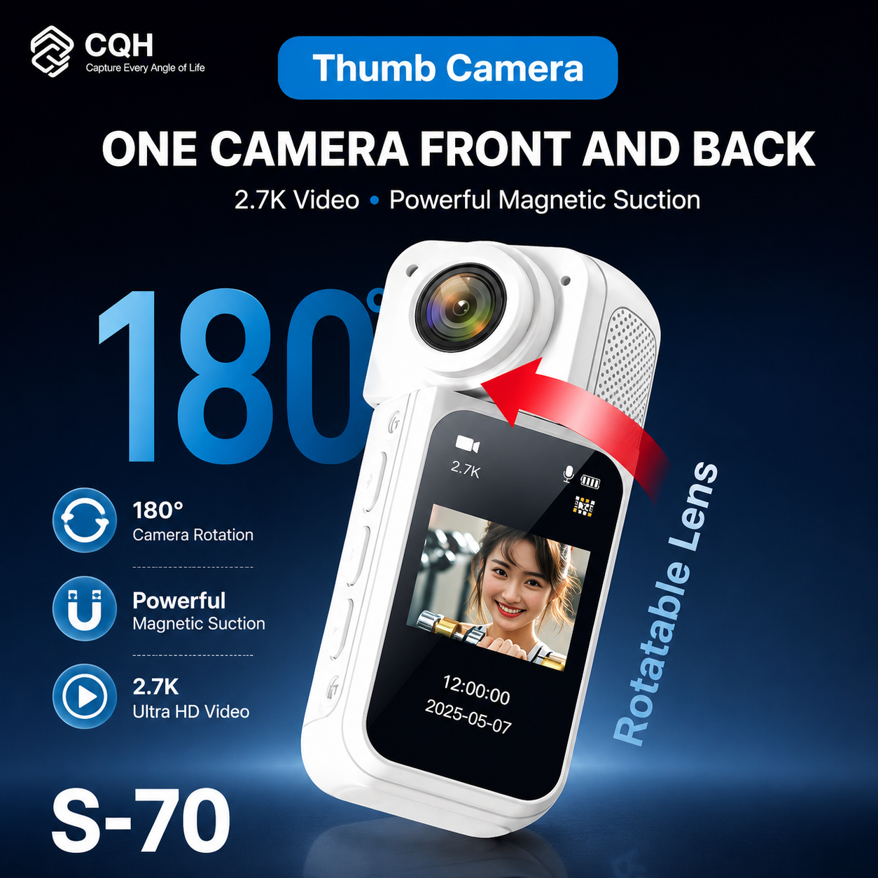 Thumb-sized mini action camera with 180 degree rotating lens magnetic wearable design and 2.7K ultra HD video recording