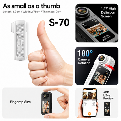 Compact wearable thumb camera with live preview app support HD display and portable mini action cam design for travel and cycling