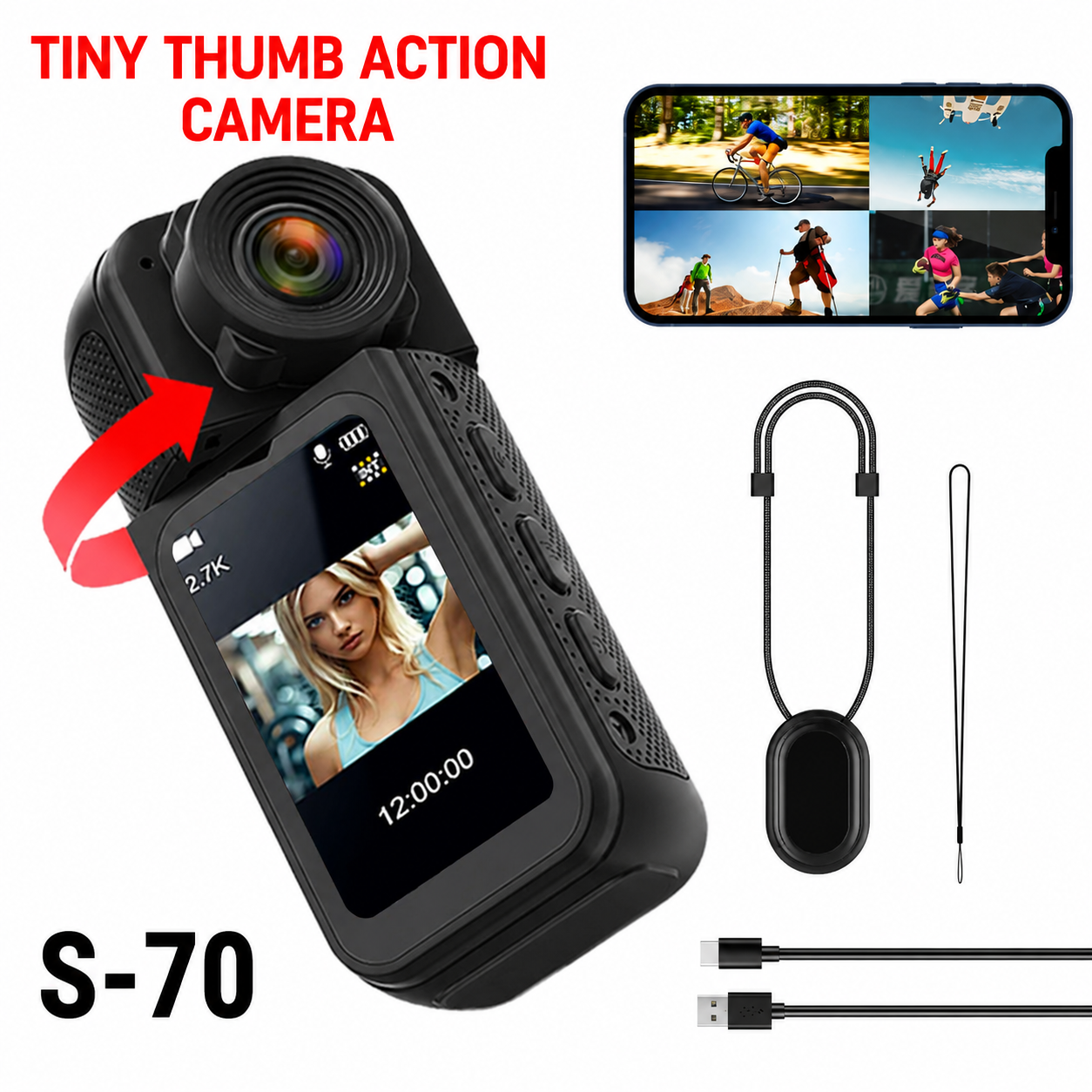 Tiny thumb action camera with rotating lens magnetic lanyard USB charging cable and portable mini camera accessories for outdoor use