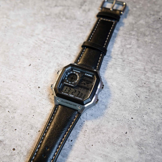 Digital World Time Leather Strap Watch with Multi-Time Zone Display