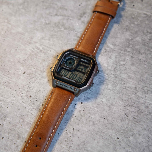Digital World Time Leather Strap Watch