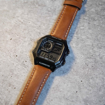 Digital World Time Leather Strap Watch