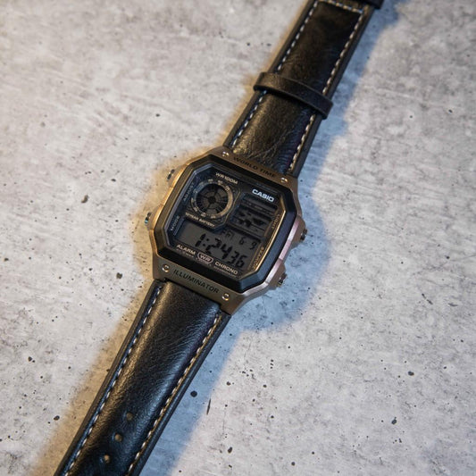 Digital World Time Leather Strap Watch