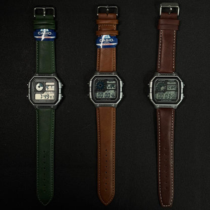 Replica watch collection featuring three digital world time watches with stitched leather bands in assorted colors.