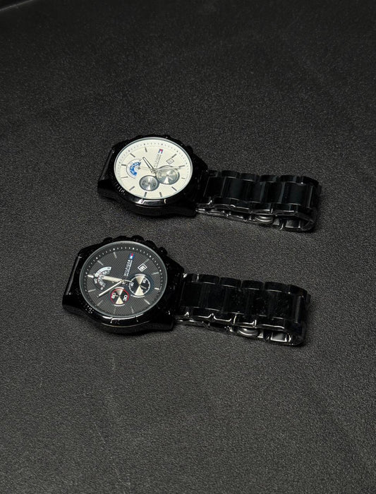 Replica watch set featuring white and black dial chronograph-style watches with black stainless steel bracelets on dark textured background