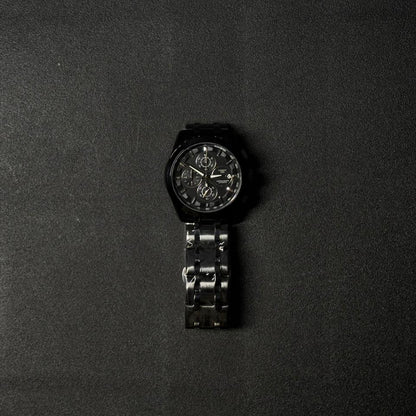 Men's black replica watch with stainless steel bracelet and chronograph-inspired analog dial, luxury fashion wristwatch product image on dark surface
