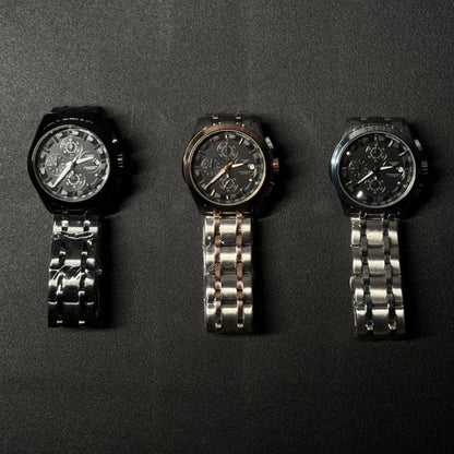 Replica luxury watches collection featuring black, silver and rose gold stainless steel chronograph-style wristwatches for men displayed on dark background
