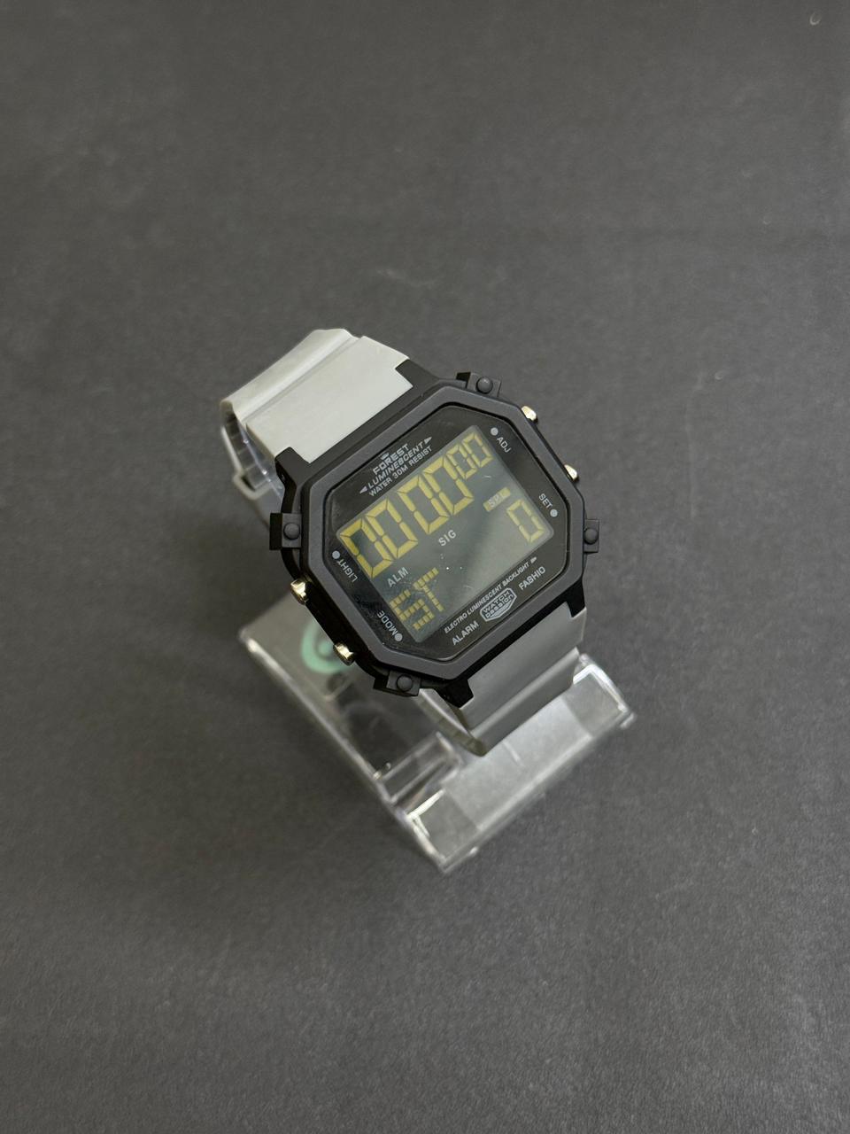 Replica digital wristwatch in grey colour featuring large LED display, alarm, stopwatch and vintage-inspired octagonal case design