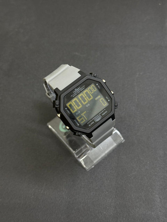 Replica digital wristwatch in grey colour featuring large LED display, alarm, stopwatch and vintage-inspired octagonal case design