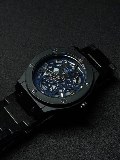Replica watch with blue skeleton dial, black stainless steel bracelet, luxury open-work design, men's fashion wristwatch on dark background