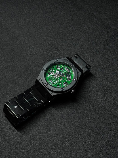 Replica watch featuring green skeleton dial and black metal strap, luxury-inspired men's wristwatch with exposed movement styling