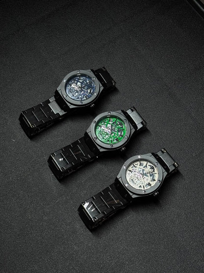 Replica watch collection with blue, green and white skeleton dials, black stainless steel bracelets, luxury-inspired men's watches