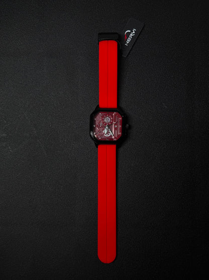 Red silicone strap replica watch with square black case, red skeleton dial, and bold contemporary fashion watch styling.