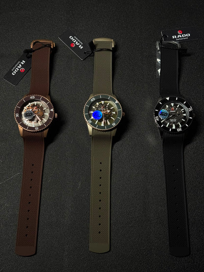 Premium replica watches in brown, olive green, and black colors featuring skeleton dials, silicone straps, and sport luxury design.