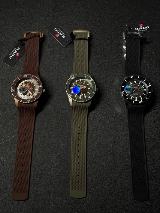 Premium replica watches in brown, olive green, and black colors featuring skeleton dials, silicone straps, and sport luxury design.