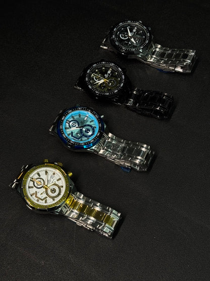 Premium replica chronograph watch collection featuring black, blue, gold-white and green dial variants with stainless steel bracelets on a dark textured background.