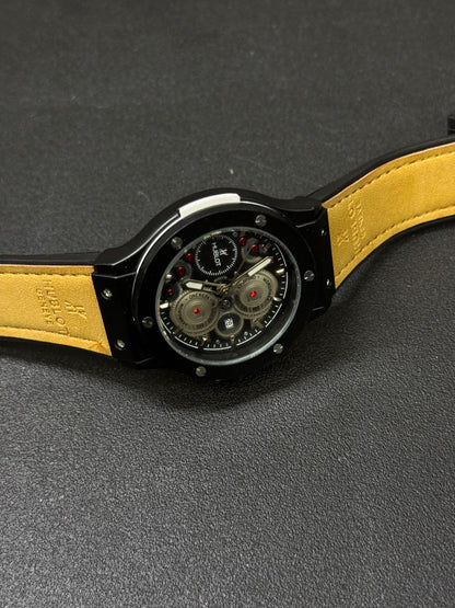 Black luxury replica watch with skeleton dial, exposed gear design, tan leather strap, analog display, premium men's fashion wristwatch on dark background