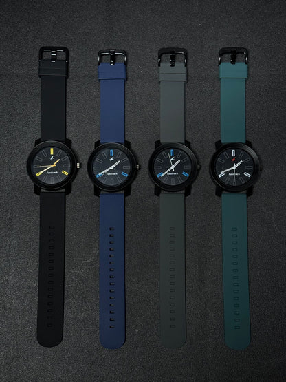Replica watch collection featuring black, blue, grey and teal silicone strap variants with minimalist black dials and modern analog design