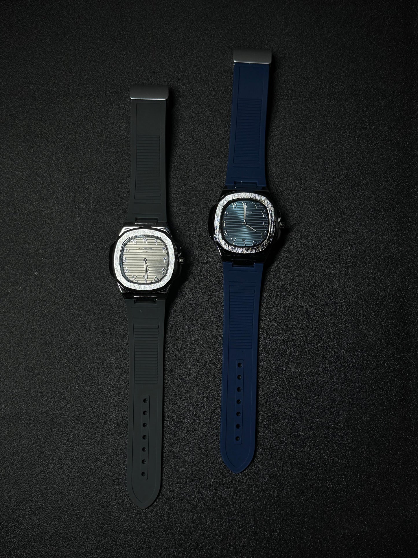 Replica watch collection with black and blue rubber straps, textured dial design and luxury octagonal case styling