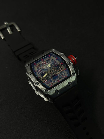 High-end replica watch with transparent mechanical display and rugged black strap